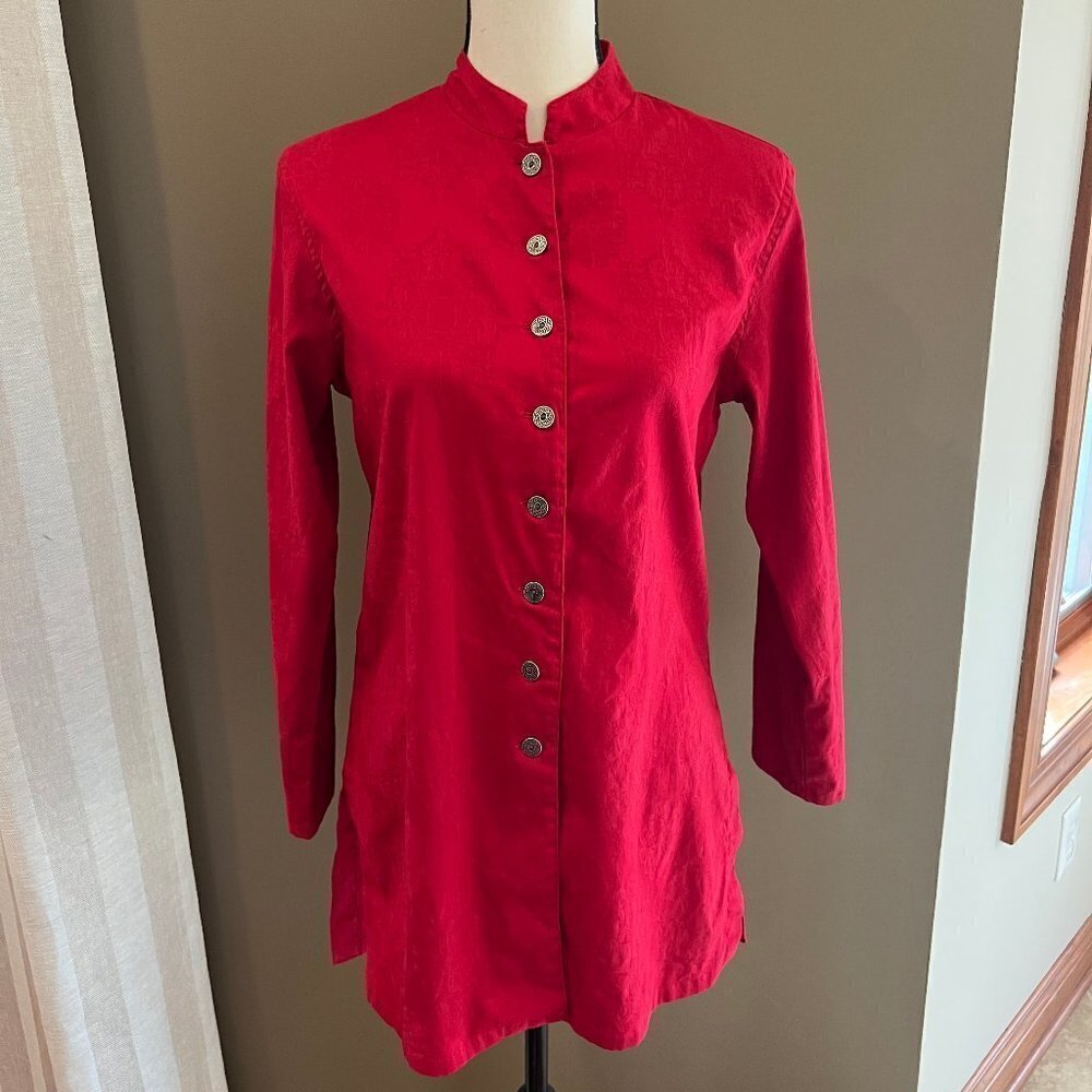 Chico's Classy Red Mandarin Style Tunic with Beautiful print, Size 0 (Small)